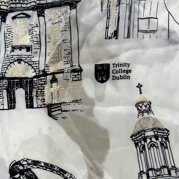 Trinity College 100% Silk Scarf Dublin Cream Black Square Ireland Church History - Picture 6 of 9